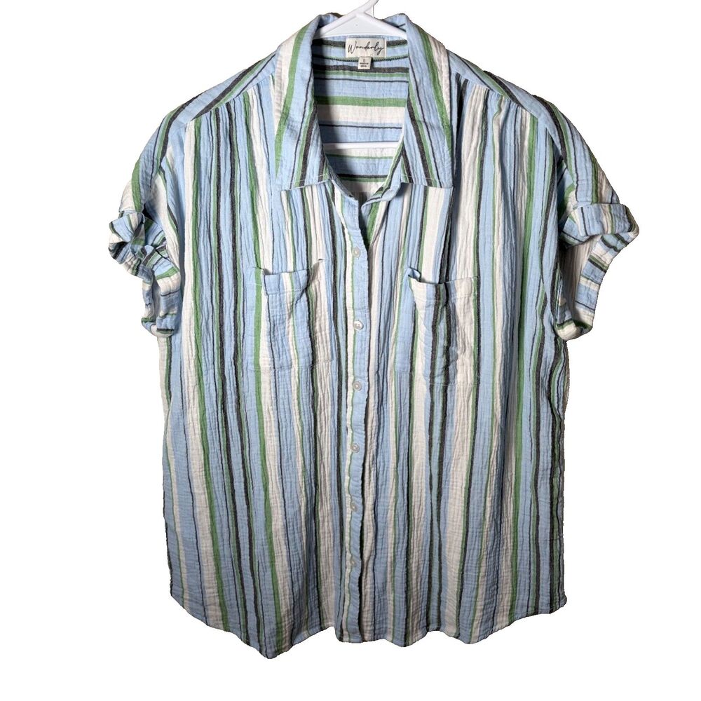 Wonderly Shirt Women's Large Striped Button Up Short Sleeve Colorful Top